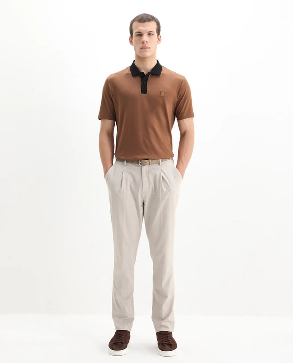 Rare Rabbit Men's Trex Dusky Brown Cotton Fabric Short Sleeves Collared Neck Plain Knit Polo
