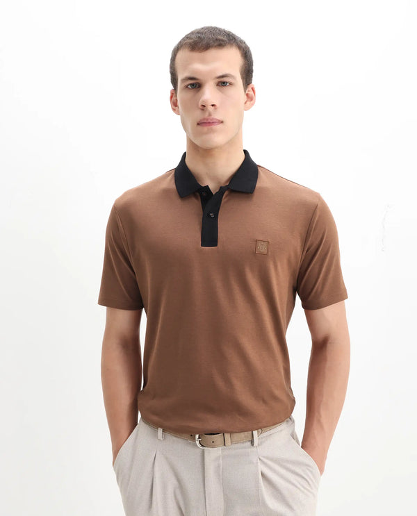 Rare Rabbit Men's Trex Dusky Brown Cotton Fabric Short Sleeves Collared Neck Plain Knit Polo