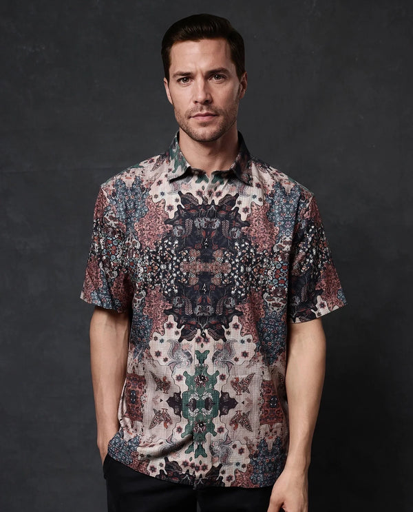 Rare Rabbit Men Troco SS Brown Short Sleeve Button Closure Boxy Fit Art Decorative Print Shirt