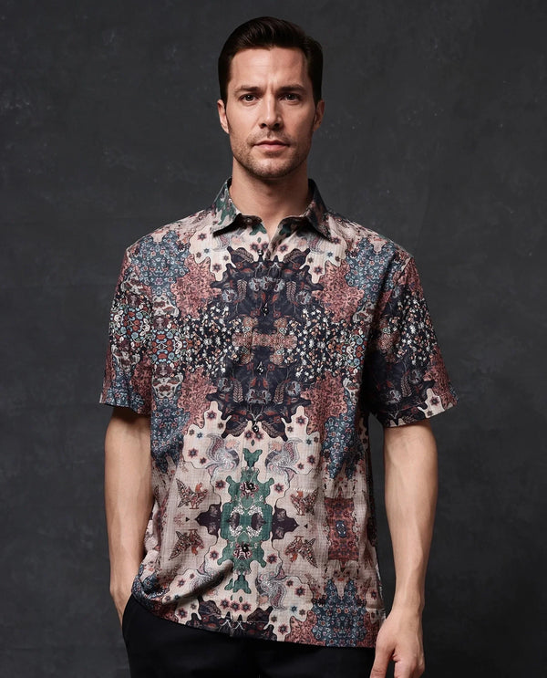 Rare Rabbit Men Troco SS Brown Short Sleeve Button Closure Boxy Fit Art Decorative Print Shirt