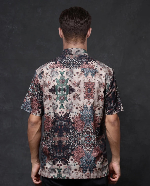 Rare Rabbit Men Troco SS Brown Short Sleeve Button Closure Boxy Fit Art Decorative Print Shirt
