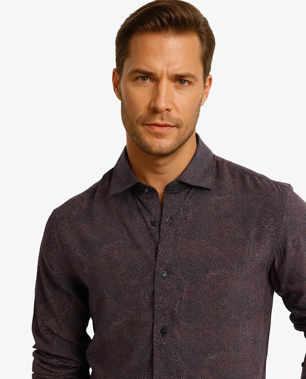Rare Rabbit Men's Troyen Black Viscose Fabric Regular Collar Full Sleeve Regular Fit Geometric Print Shirt
