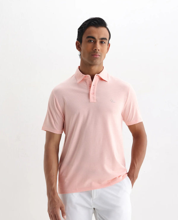 Rare Rabbit Men's Tunas Light Pink Cotton Polyester Fabric Collared Neck Half Sleeves Striped Polo T-Shirt