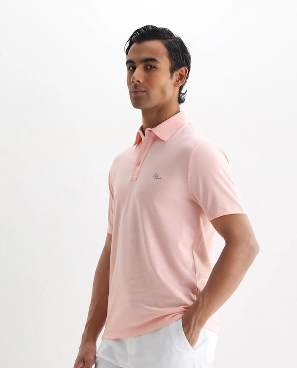Rare Rabbit Men's Tunas Light Pink Cotton Polyester Fabric Collared Neck Half Sleeves Striped Polo T-Shirt