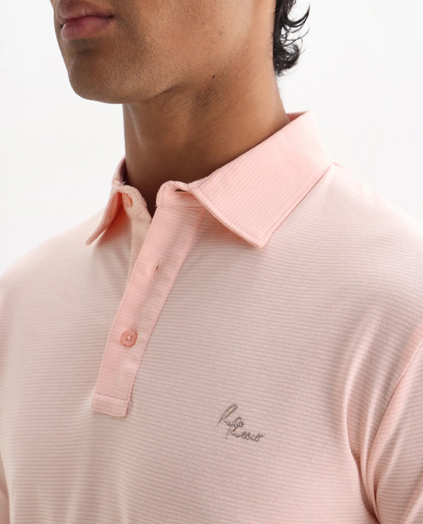 Rare Rabbit Men's Tunas Light Pink Cotton Polyester Fabric Collared Neck Half Sleeves Striped Polo T-Shirt