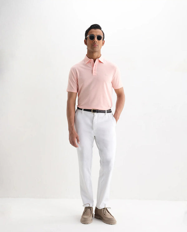 Rare Rabbit Men's Tunas Light Pink Cotton Polyester Fabric Collared Neck Half Sleeves Striped Polo T-Shirt