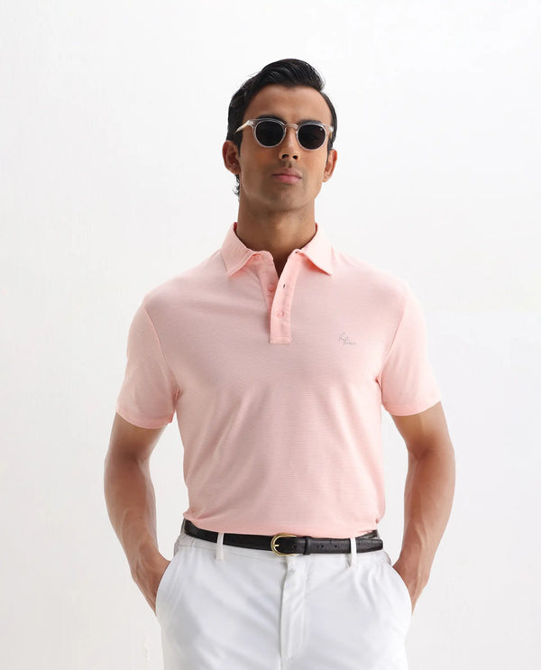 Rare Rabbit Men's Tunas Light Pink Cotton Polyester Fabric Collared Neck Half Sleeves Striped Polo T-Shirt