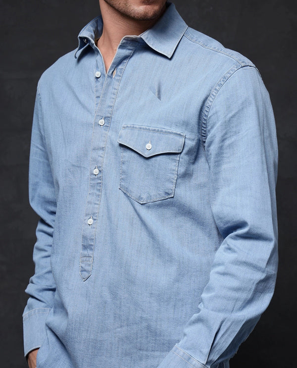 Rare Rabbit Men Tunor Light Blue Cotton Denim Blend Fabric Full Sleeve Regular Collared Button Closure Regular Fit Solid Shirt