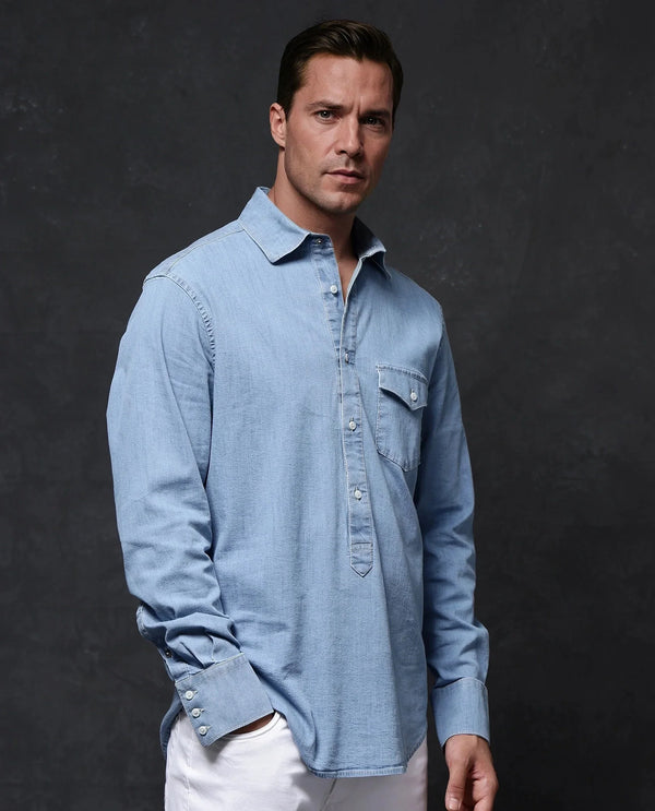 Rare Rabbit Men Tunor Light Blue Cotton Denim Blend Fabric Full Sleeve Regular Collared Button Closure Regular Fit Solid Shirt