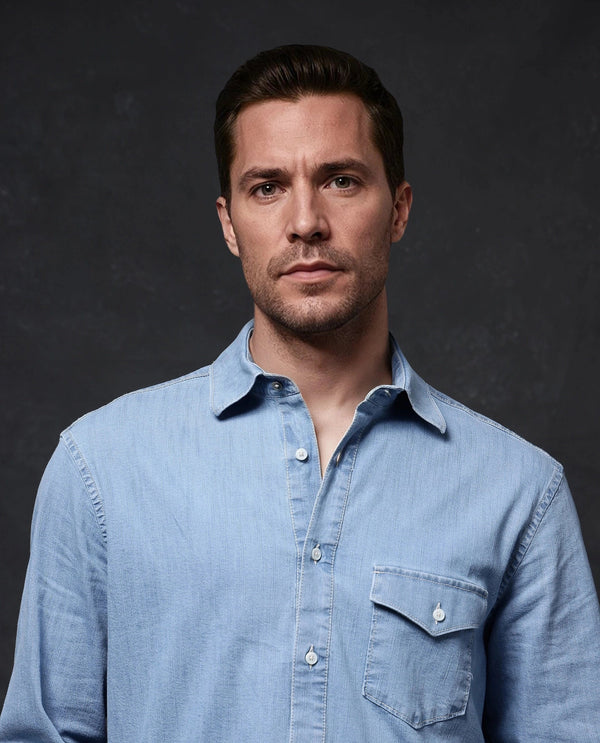 Rare Rabbit Men Tunor Light Blue Cotton Denim Blend Fabric Full Sleeve Regular Collared Button Closure Regular Fit Solid Shirt