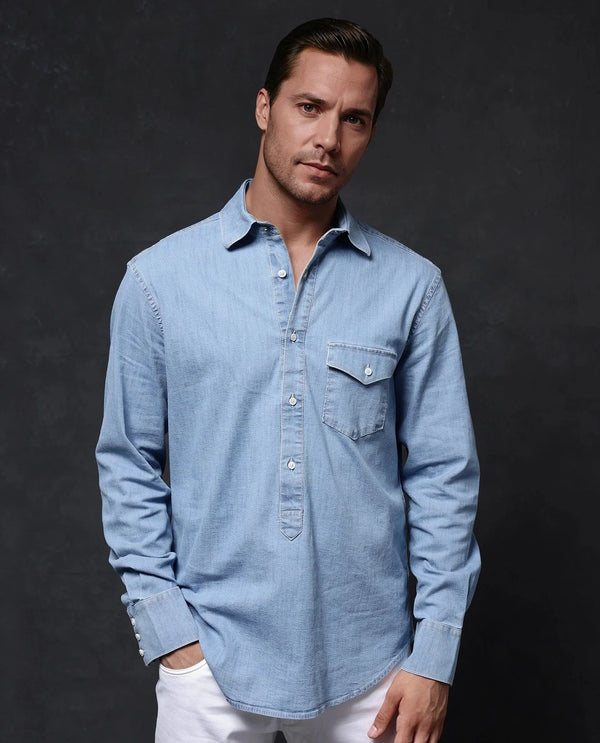 Rare Rabbit Men Tunor Light Blue Cotton Denim Blend Fabric Full Sleeve Regular Collared Button Closure Regular Fit Solid Shirt
