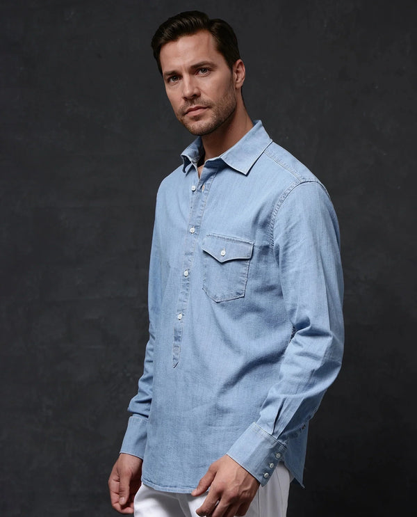 Rare Rabbit Men Tunor Light Blue Cotton Denim Blend Fabric Full Sleeve Regular Collared Button Closure Regular Fit Solid Shirt