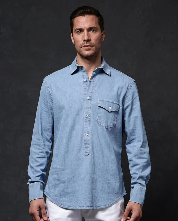Rare Rabbit Men Tunor Light Blue Cotton Denim Blend Fabric Full Sleeve Regular Collared Button Closure Regular Fit Solid Shirt