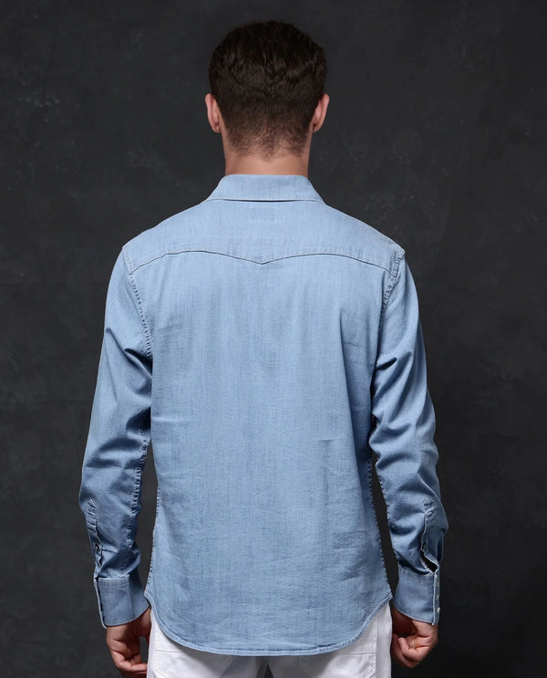 Rare Rabbit Men Tunor Light Blue Cotton Denim Blend Fabric Full Sleeve Regular Collared Button Closure Regular Fit Solid Shirt