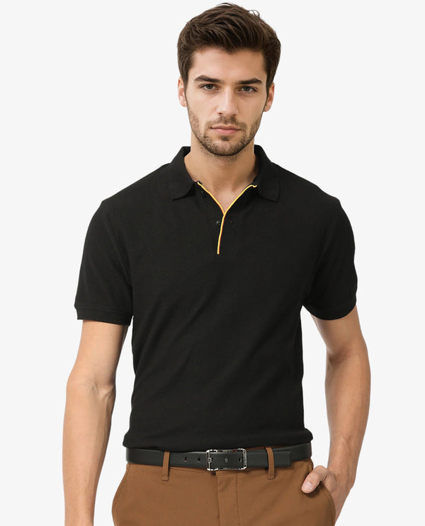 Rare Rabbit Men's Turino Black Cotton Fabric Collared Neck Half Sleeves Textured Polo T-Shirt