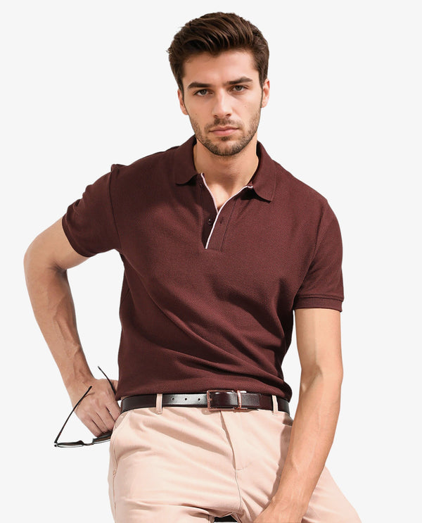 Rare Rabbit Men's Turino Brown Cotton Fabric Collared Neck Half Sleeves Textured Polo T-Shirt