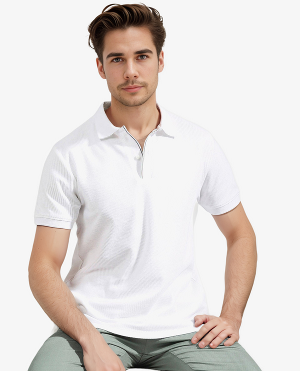 Rare Rabbit Men's Turino White Cotton Fabric Collared Neck Half Sleeves Textured Polo T-Shirt