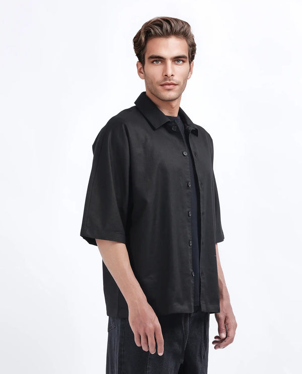 Rare Rabbit Men's Twillt Black Cotton Fabric Full Sleeve Collared Neck Button Closure Plain Shirt