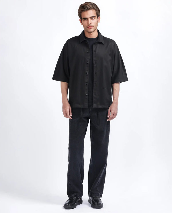 Rare Rabbit Men's Twillt Black Cotton Fabric Full Sleeve Collared Neck Button Closure Plain Shirt