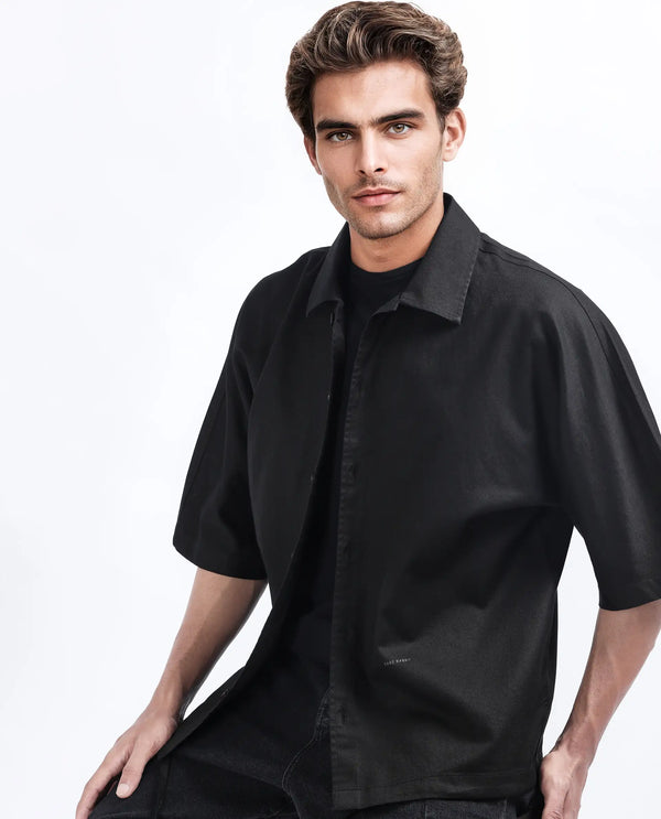 Rare Rabbit Men's Twillt Black Cotton Fabric Full Sleeve Collared Neck Button Closure Plain Shirt