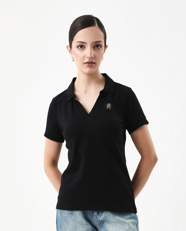 Rareism Women Van Black Cotton Lycra Fabric Short Sleeve Polo Collar Plain Polo