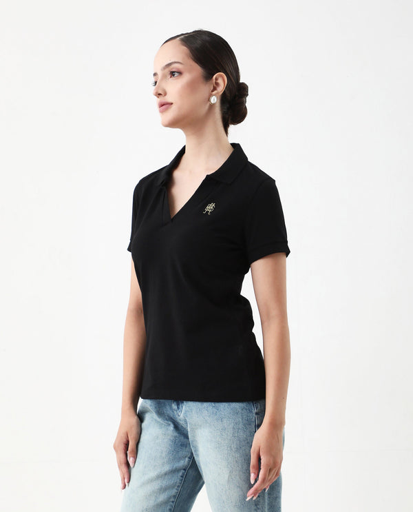Rareism Women Van Black Cotton Lycra Fabric Short Sleeve Polo Collar Plain Polo