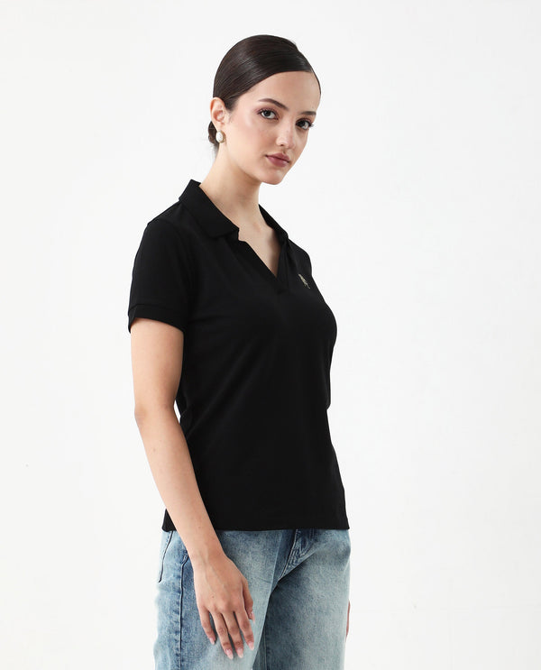 Rareism Women Van Black Cotton Lycra Fabric Short Sleeve Polo Collar Plain Polo
