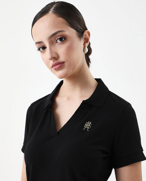 Rareism Women Van Black Cotton Lycra Fabric Short Sleeve Polo Collar Plain Polo
