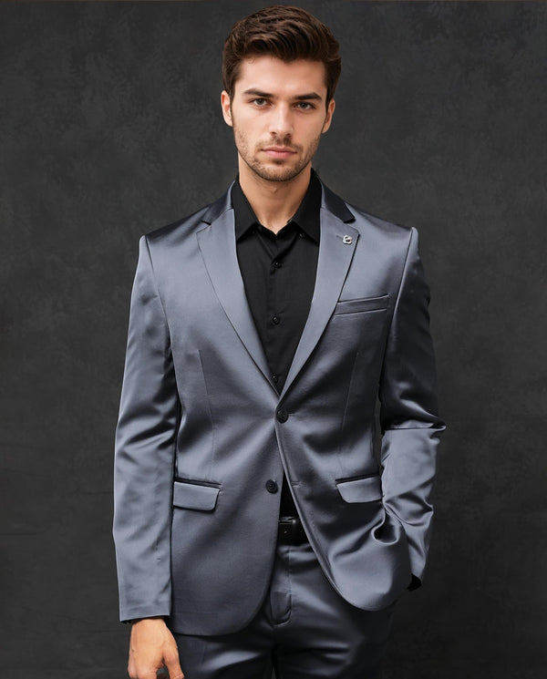 Rare Rabbit Men's Vance Dark Grey Polyester Viscose Fabric Notch Lapel Button Closure Single Breasted Satin Suits
