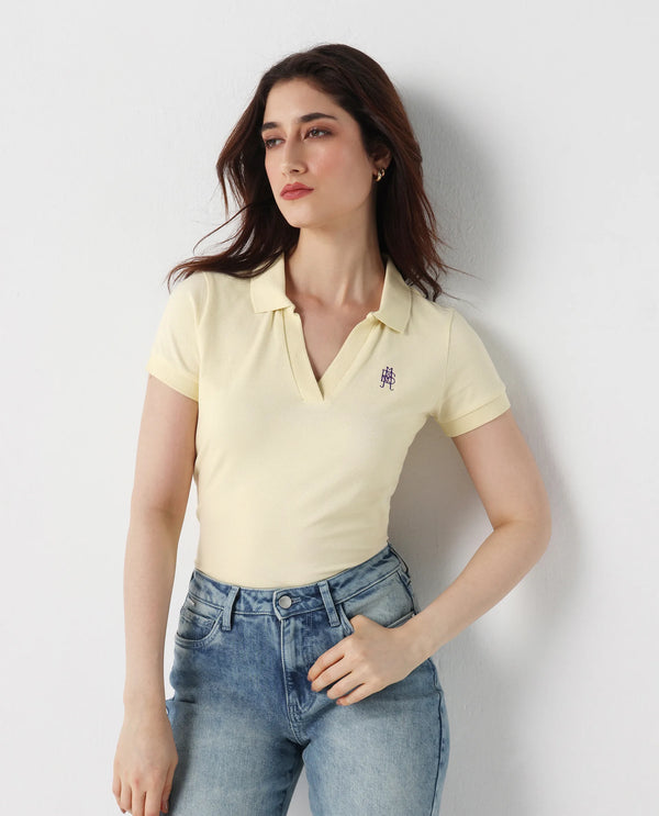 Rareism Women Van Light Yellow Cotton Lycra Fabric Short Sleeve Polo Collar Plain Polo