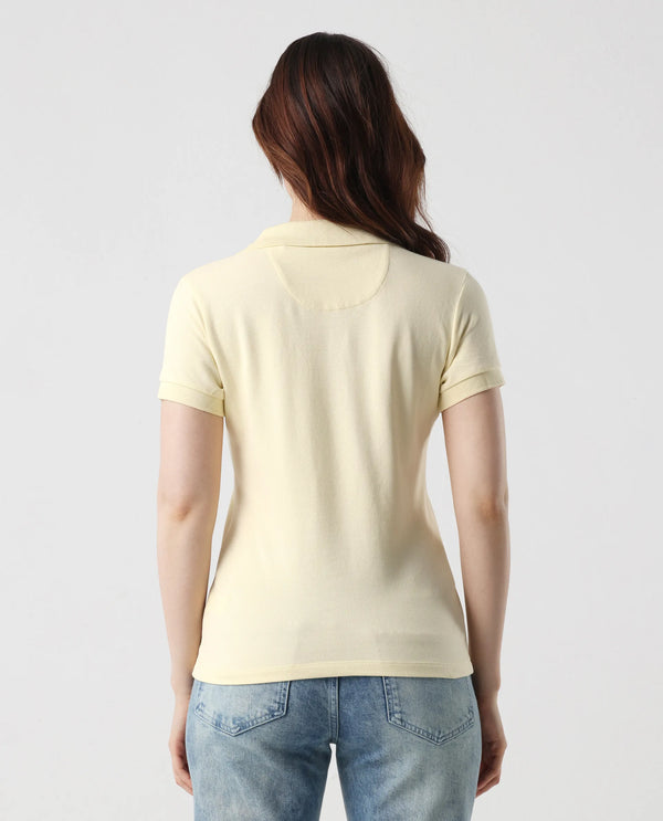 Rareism Women Van Light Yellow Cotton Lycra Fabric Short Sleeve Polo Collar Plain Polo
