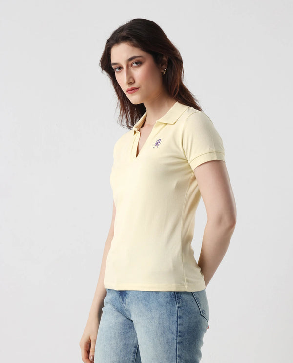 Rareism Women Van Light Yellow Cotton Lycra Fabric Short Sleeve Polo Collar Plain Polo