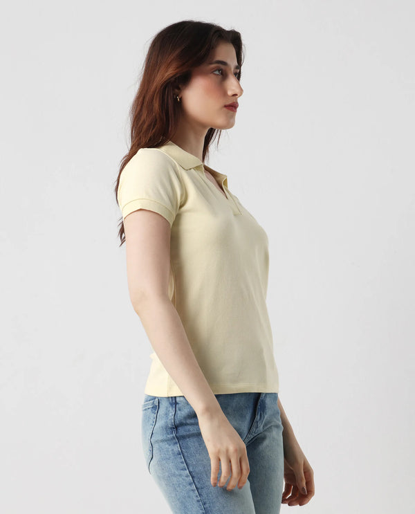 Rareism Women Van Light Yellow Cotton Lycra Fabric Short Sleeve Polo Collar Plain Polo