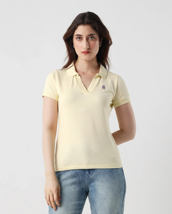 Rareism Women Van Light Yellow Cotton Lycra Fabric Short Sleeve Polo Collar Plain Polo