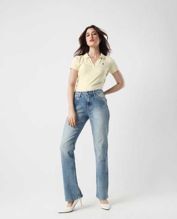 Rareism Women Van Light Yellow Cotton Lycra Fabric Short Sleeve Polo Collar Plain Polo