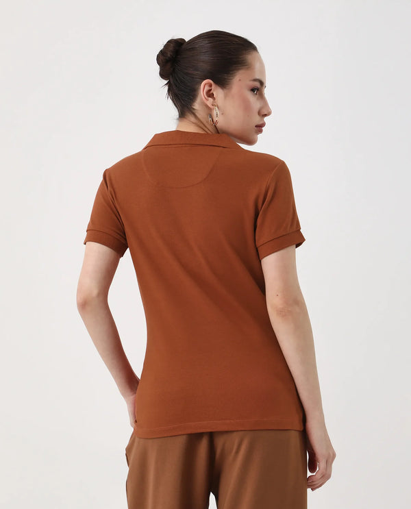 Rareism Women Van Rust Cotton Lycra Fabric Short Sleeve Polo Collar Plain Polo