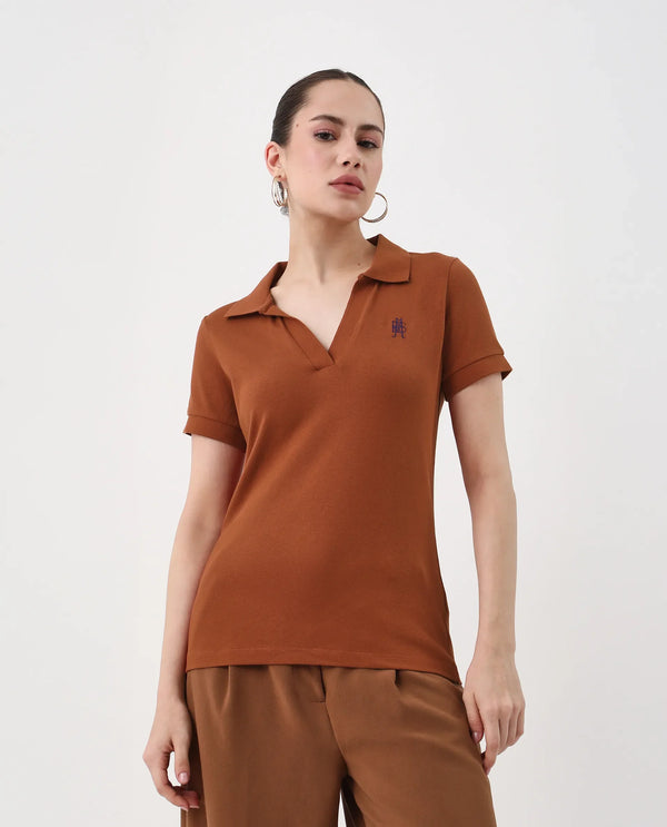 Rareism Women Van Rust Cotton Lycra Fabric Short Sleeve Polo Collar Plain Polo
