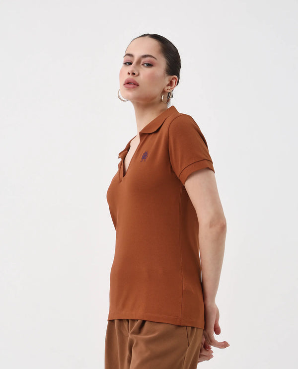 Rareism Women Van Rust Cotton Lycra Fabric Short Sleeve Polo Collar Plain Polo