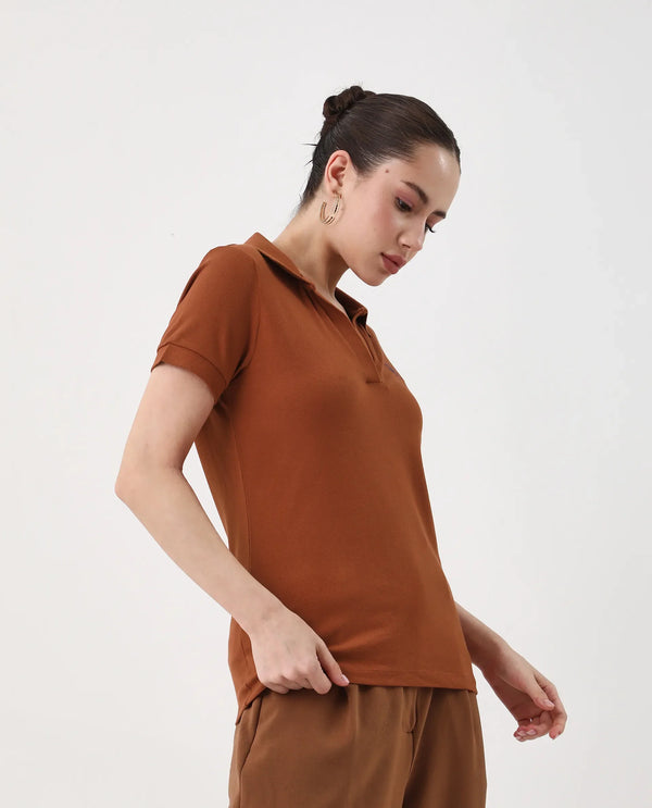 Rareism Women Van Rust Cotton Lycra Fabric Short Sleeve Polo Collar Plain Polo