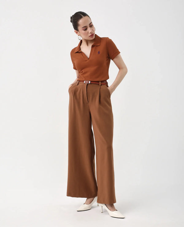 Rareism Women Van Rust Cotton Lycra Fabric Short Sleeve Polo Collar Plain Polo