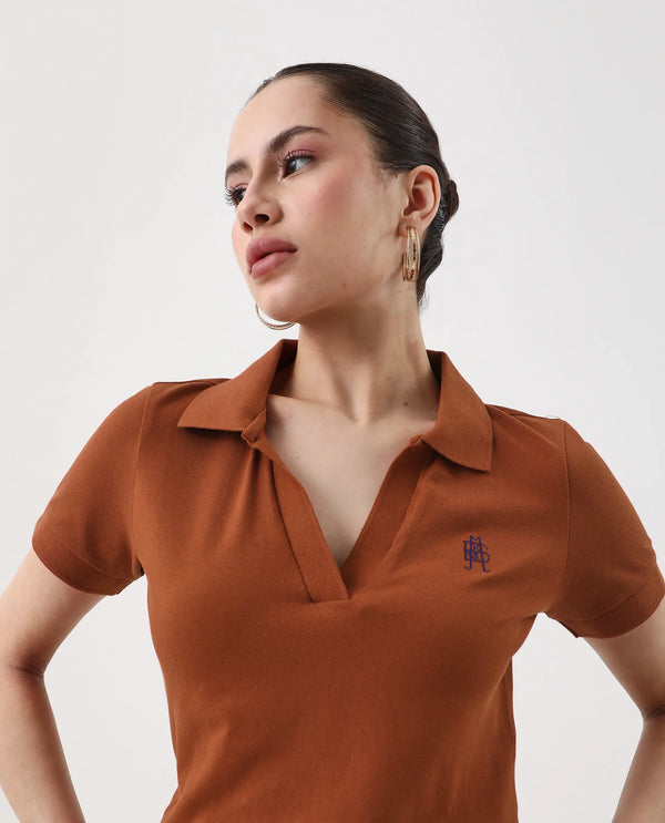 Rareism Women Van Rust Cotton Lycra Fabric Short Sleeve Polo Collar Plain Polo
