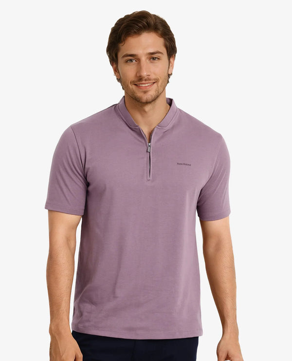 Rare Rabbit Men Veno Dusky Purple Cotton Blend Fabric Short Sleeve Mandarin Collar Plain Polo