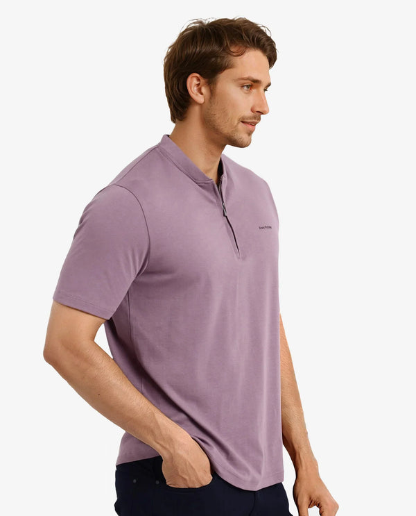 Rare Rabbit Men Veno Dusky Purple Cotton Blend Fabric Short Sleeve Mandarin Collar Plain Polo