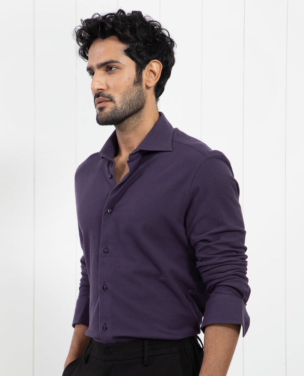 Rare Rabbit Men's Venziya Dark Purple Cotton Fabric Full Sleeves Solid Knitted Shirt