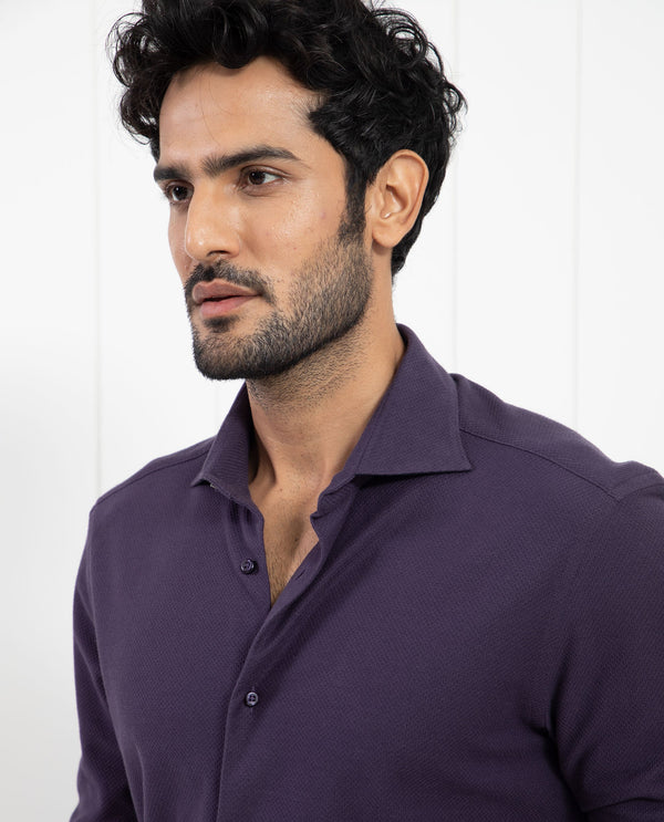 Rare Rabbit Men's Venziya Dark Purple Cotton Fabric Full Sleeves Solid Knitted Shirt