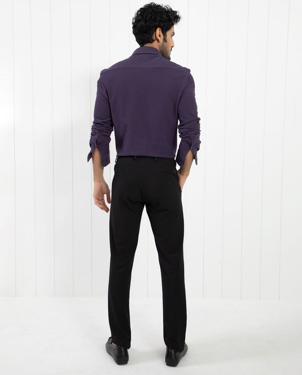 Rare Rabbit Men's Venziya Dark Purple Cotton Fabric Full Sleeves Solid Knitted Shirt