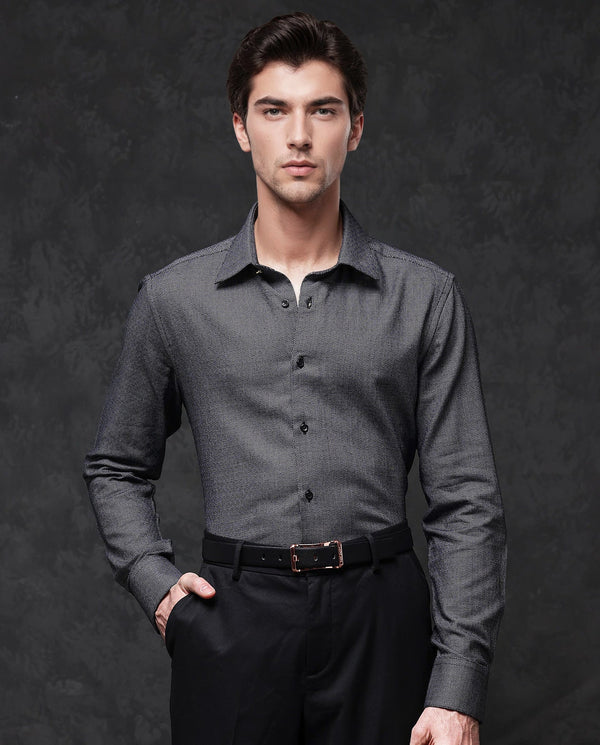 Rare Rabbit Mens Veslo Black Cotton Fabric Full Sleeves Jacquard Textured Geometric Pattern Shirt