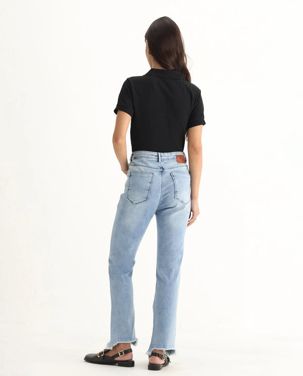 Rareism Women Viceroy Blue Cotton Lycra Fabric Mid Rise Solid Tailored Fit Ankle Length Jeans