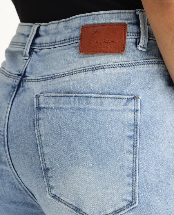 Rareism Women Viceroy Blue Cotton Lycra Fabric Mid Rise Solid Tailored Fit Ankle Length Jeans