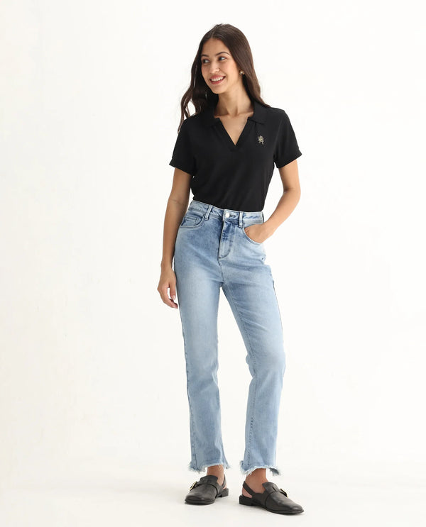 Rareism Women Viceroy Blue Cotton Lycra Fabric Mid Rise Solid Tailored Fit Ankle Length Jeans